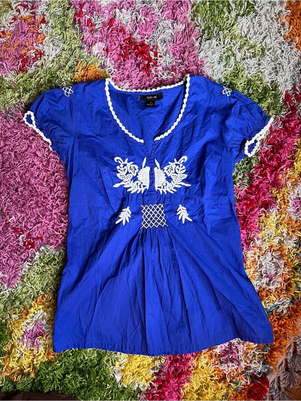 Style & Co. Cobalt Blue Embroidered V‑Neck Blouse